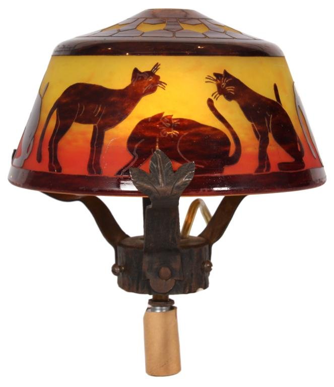 Schneider Cameo Glass Lamp: Schneider Cameo Glass Lamp Shade. The conical shade has a cut border with 3 groups of deep red cats on a gradated saffron colored background; the domical top with a cut geometric pattern. Shade is com