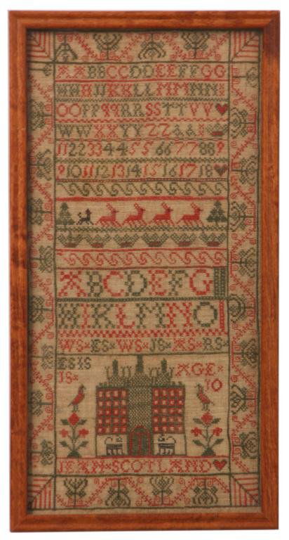 19th Century Sampler J. Scottland: 19th Century Sampler J. Scottland. The tan cloth is embellished with numbers, letters of the alphabet and other various borders depicted in red and green; the student, Age 10 is named Jean Scotland. I