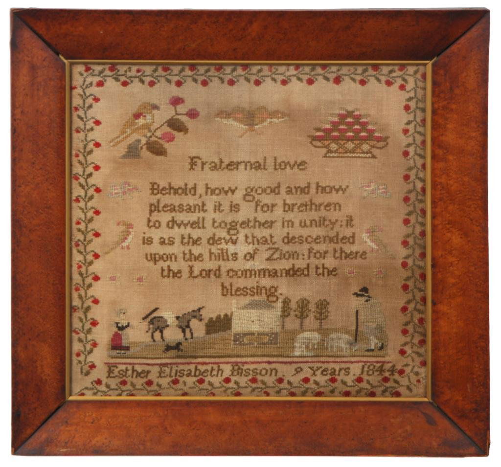1844 Sampler Psalm 133: 1844 Sampler Psalm 133. By Esther Elizabeth Bisson Age 9, 1844; Fraternal Love quotes from Psal 133:1 & 3 - Behold, how good and how pleasant it is for brethren to dwell together in unity; It is as th