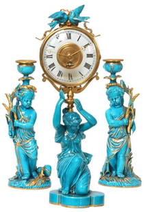 3 Pc. Sevres Porcelain Night Clock: 3 Pc. Sevres Figural Porcelain Night Clock. Porcelain figure of a kneeling woman has a teal blue finish with gilt embellishments, mounted on top is a brass frame containing a 4 in. frosted glass dial