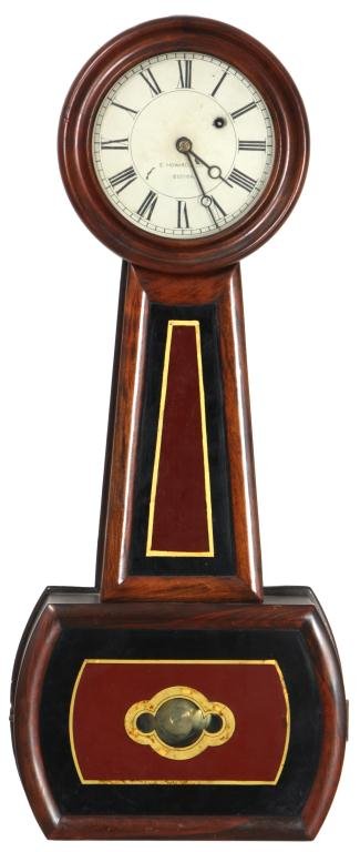 E. Howard No. 5 Banjo Clock: E. Howard No. 5 Banjo Clock. Original 7 in. painted metal dial has black Roman hour numerals, signed E. Howard & Co, Boston; black open moon hands (repainted), brass weight driven movement signed E. H