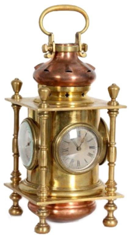 Brass & Copper Lantern Clock: Brass & Copper Lantern Clock. An exceptional desk clock in the form of a lantern with 3 functioning sides, each having a 2.25 in. dial, The front dial for time with black roman numerals, one side is a