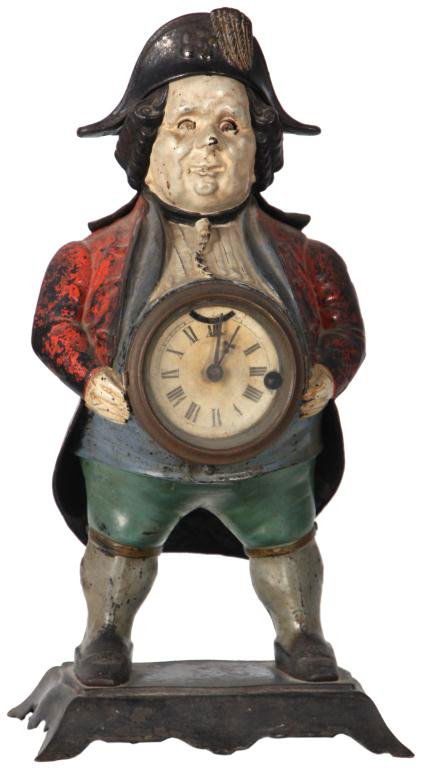 Continental Blinking Eye Clock: Continental Blinking Eye Clock. Figural painted cast iron case depicts a man wearing a blue vest, red jacket, green trousers and a hat. Paper dial with black Roman hour numerals and fancy black hands,
