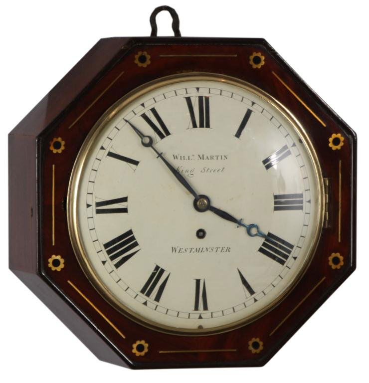 Inlaid Fusee Gallery Clock: Inlaid Mahogany English Fusee Gallery Clock. 10 in. convex painted metal dial with black Roman hour numerals, blued spade hands, signed William Martin, King Street, Westminster; quality brass, time on