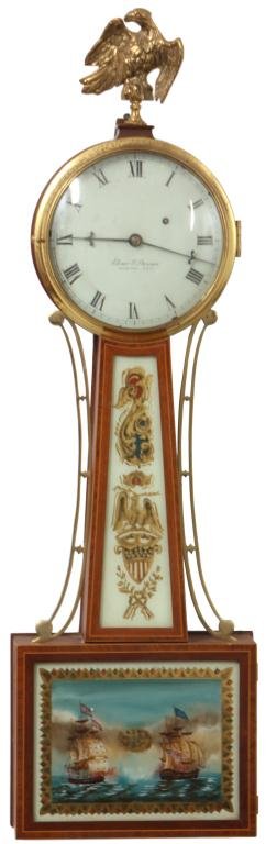 Elmer O. Stennes Banjo Clock: Elmer O. Stennes Banjo Clock. 7 in. painted metal dial has black Roman hour numerals, signed Elmer O. Stenned, Weymouth, Mass and has the bee mark on the dial; has a quality brass, weight driven time 