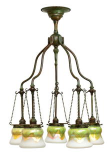 Tiffany Studios Favrile Glass & Bronze Five-Light Chandelier: Tiffany StudiosFive-Light Chandeliercirca 1910with "Pulled Feather" shadesfavrile glass, patinated bronzeeach shade marked "L.C.T"each fixture support consecutively numbered 1-531 in. drop