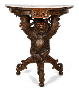 Black Forest Carved Wood Figural Console Table: Black Forest Carved Wood Figural Console Table late 19th century the bear with glass eyes and holding aloft a foliate carved top 31 1/4 x 29 3/4 x 15 inches