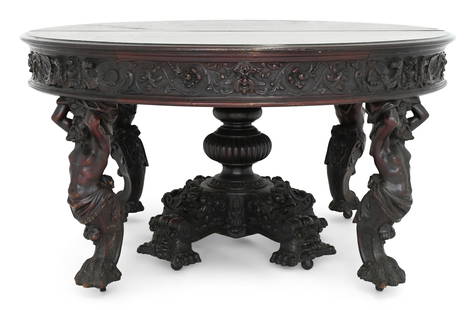 R.J. Horner & Co. "Atlas" Dining Table: R.J. Horner & Co.(New York, 1886-1915)"Atlas" Dining Tablecirca 1890mahoganycenter leg signed with firm's paper label32 x 59 inchesProvenance: Private Collection, Germantown, Tennessee