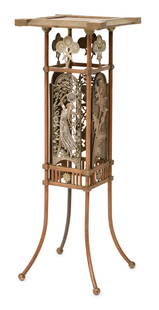 Charles Parker Company Aesthetic Movement Plant Stand: Charles Parker Company(Meriden, Connecticut, 1832-1957)Aesthetic Movement Plant Standcirca 1885brass, silvered metalunmarked34 x 11 3/4 x 11 3/4 inchesThe stand decorated with songbird-motif brack