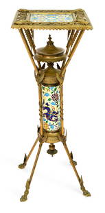 Bradley & Hubbard Aesthetic Movement Plant Stand with Longwy Tiles: Bradley & Hubbard Mfg. Co.(Meriden, CT, 1852-1940)Aesthetic Movement Plant Stand with Longwy Tilescirca 1875gilt bronze, potteryunmarked34 1/2 x 13 x 13 inchesThe stand decorated with scarab motif