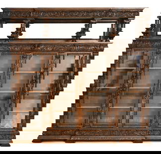 R.J. Horner & Co. Figural Four-Door Bookcase: R.J. Horner & Co.(New York, 1886-1915)Figural Four-Door Bookcasecirca 1890quarter sawn oak, glasssigned with celluloid tag77 x 82 x 18 inches