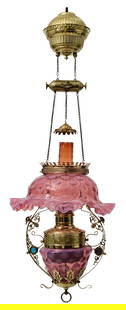 Victorian Brass & Pink Glass Hanging Library Lamp: Victorian Brass & Pink Glass Hanging Library Lamp19th century42 x 15 inchesProvenance: Property from a Texas Estate