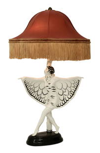 Josef Lorenzl (1892-1950) for Goldscheider, Ceramic "Butterfly Girl" Lamp: Josef Lorenzl (1892-1950) for Goldscheider, Ceramic "Butterfly Girl" Lampcirca 1922marked "Goldscheider / Wien / Made in Austria / 5230 325 8" and artist signed "Lorenzl"31 x 20 1/2 inchesNotes: Fonta