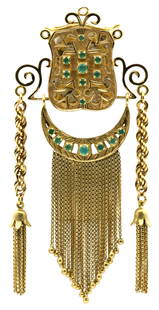 18K Yellow Gold & Emerald Bolo Tie Clip: 18K Yellow Gold & Emerald Bolo Tie Clipset with round faceted emeralds weighing a total of 1.33 carats• 4 5/8 inches (length)• 35.5 dwt (total weight)Notes: Fontaine's Auction Gallery can