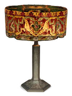 Pairpoint "Persian" Table Lamp: Pairpoint&quot;Persian&quot; Table Lampearly 20th centurywith a &quot;Chesterfield&quot; shadereverse painted glass, plated metalbase marked &quot;Pairpoint Mfg. Co., (p-diamond), B3001&quot;22 x 16 i