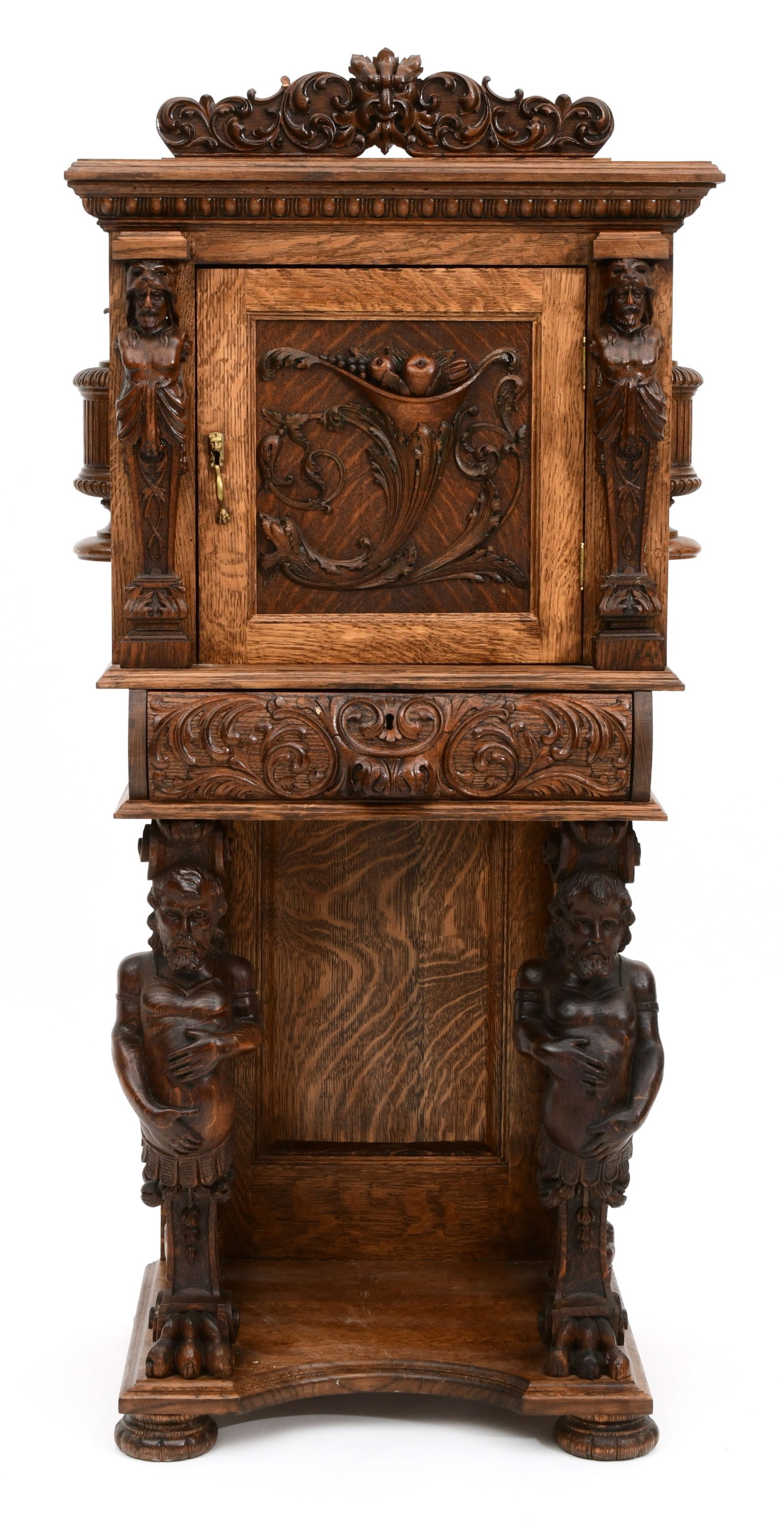 American Figural Carved Oak Parlor Cabinet with Atlas Figures (1 of 12)