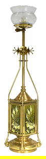 Aesthetic Movement Brass & Pottery Gas Newel Post Lamp: Aesthetic Movement Brass & Pottery Gas Newel Post Lampcirca 1875the lamp decorated with four flower motifs, claw feet and J. & J.G. Low tile inserts embellished with flowers43 1/2 x 8 x 8 inchesProven