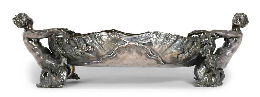 Christofle Art Nouveau Silver-Plated Bronze Figural Centerpiece: Christofle Art Nouveau Silver-Plated Bronze Figural Centerpieceearly 20th centuryflanked by mermaids on each side, marked "Christofle / (hallmark)"6 1/4 x 20 3/4 x 8 inchesProvenance: Private Collecti