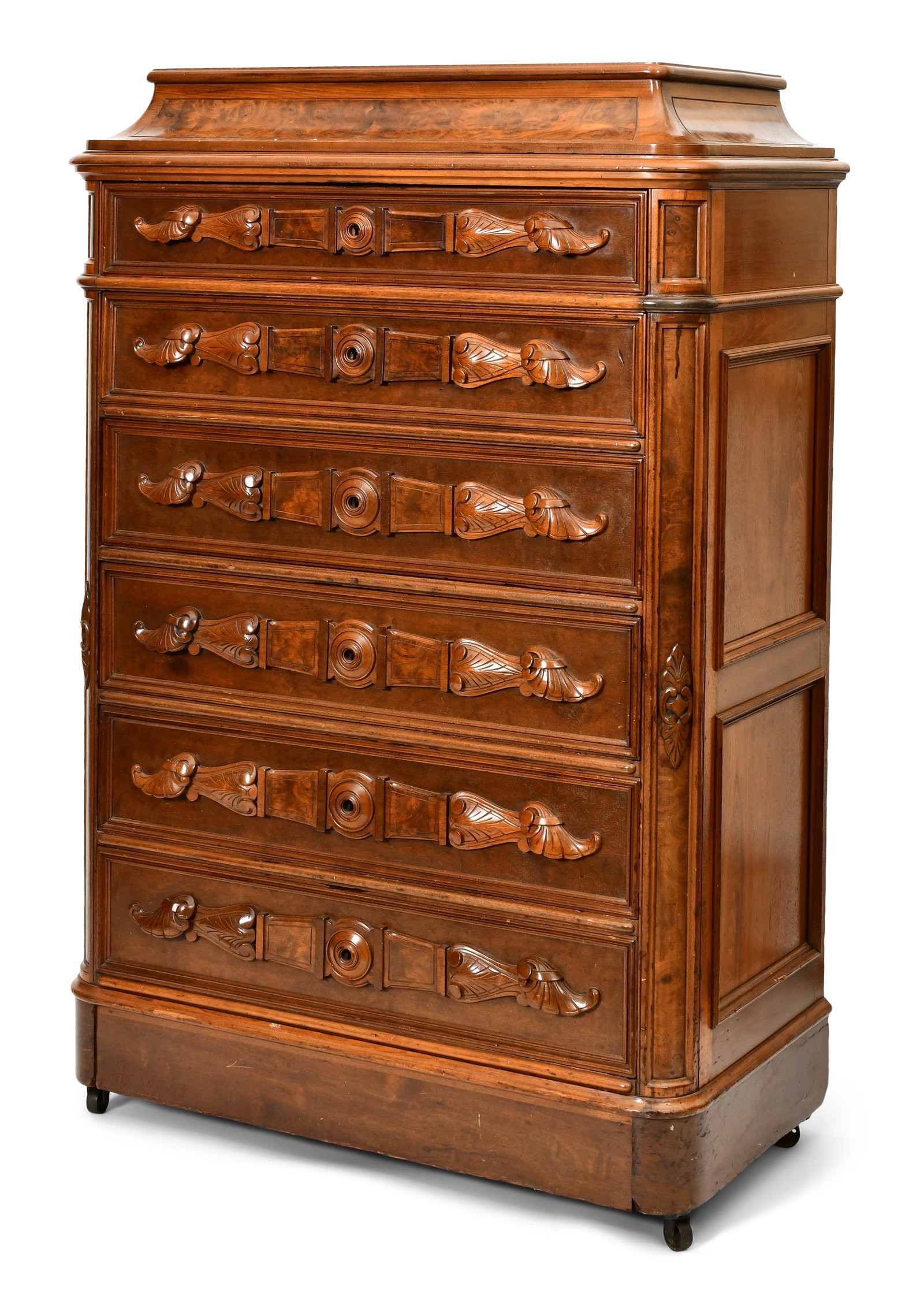 American Carved Walnut & Burl Walnut Chest of Drawers (1 of 6)