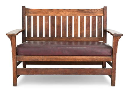 L. & J.G. Stickley Oak Settee, No. 225: L. & J.G. StickleySettee, No. 225circa 1910oak, leatherunmarked36 x 52 1/2 x 24 inchesProvenance: Private Collection, Montclair, New Jersey