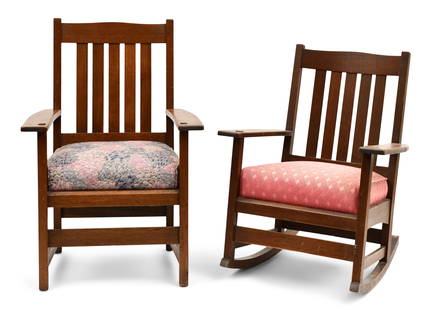 L. & J.G. Stickley Oak Rocking Chair & Armchair: L. & J.G. StickleyRocking Chair & Armchaircirca 1910oakeach marked "The Work of L. & J.G. Stickley"34 1/2 x 26 x 27 inches (rocking chair)38 1/2 x 26 x 22 inches (armchair)