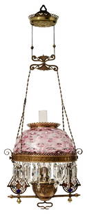 Victorian Brass & Pink Glass Hanging Library Lamp: Victorian Brass & Pink Glass Hanging Library Lamp19th century41 x 16 x 14 inchesProvenance: Property from a Texas Estate