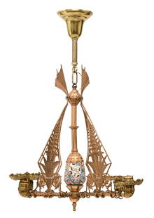 Aesthetic Movement Brass & Pottery Chandelier: Aesthetic Movement Brass & Pottery Chandeliercirca 1885elaborately decorated with Aesthetic foliate motifs and a floral pottery insert27 1/2 x 17 1/2 inchesProvenance: The Harold F. Wright Estate, McP