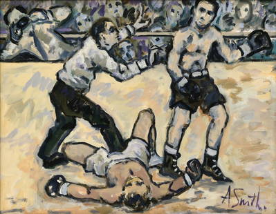 Arthur Smith (American, 1897-1972), "Knock Out": Arthur Smith(American, 1897-1972)"Knock Out"oil on boardsigned "A. Smith" (lower right)17 1/2 x 22 1/2 inches (sight)23 1/4 x 28 1/4 inches (frame)Provenance: Private Collection, Virginia Beac