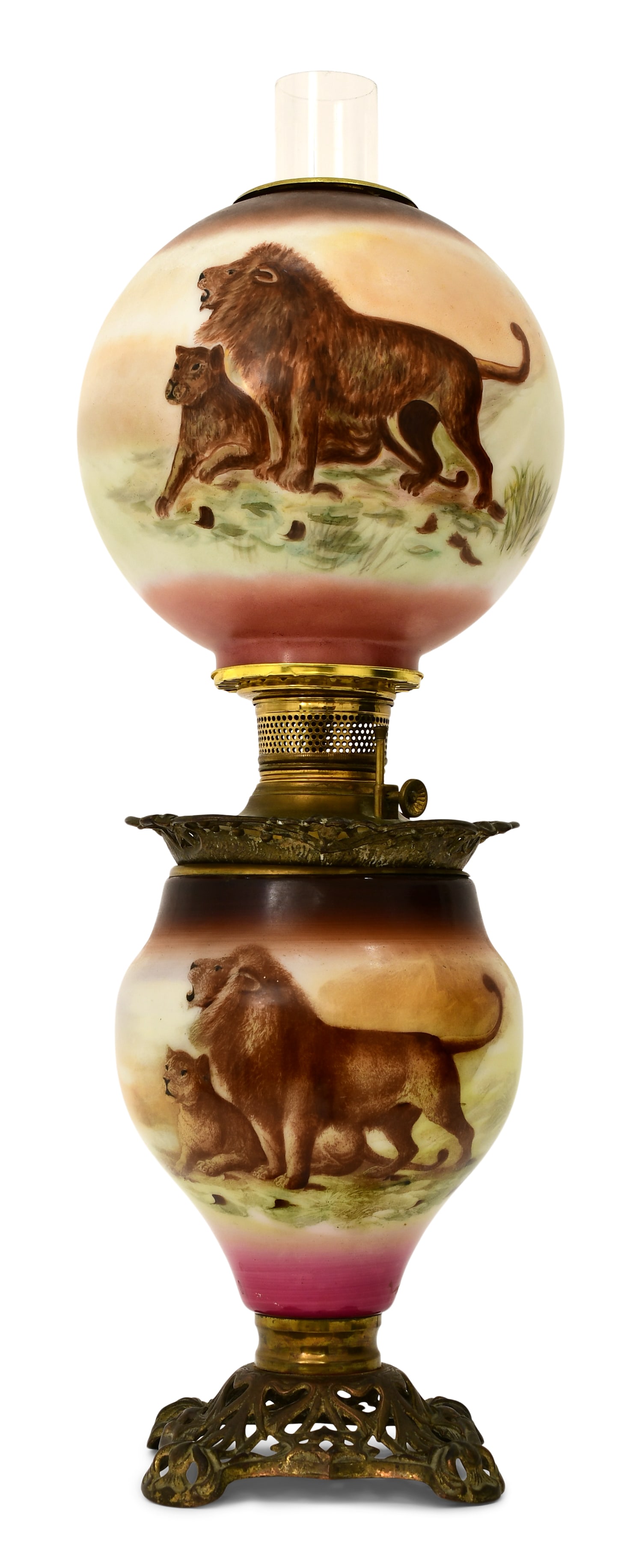 American Hand-Painted Glass & Brass Parlor Lamp with Lions (1 of 5)