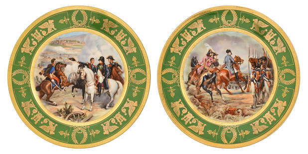 Pair of Capodimonte Porcelain Plates: Pair of Capodimonte Porcelain Plateslate 19th centuryeach decorated with battle scenes, signed with firm's mark to the underside and titled "Bataille d'Jena / Combat de Heilsberg"9 1/2 in. diameterPro