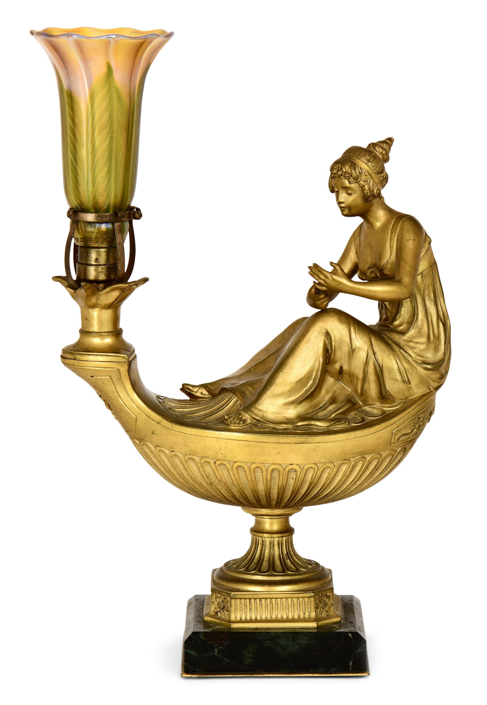French Gilt Bronze Figural "Aladdin" Student Lamp with a Quezal Art Glass Shade (1 of 8)