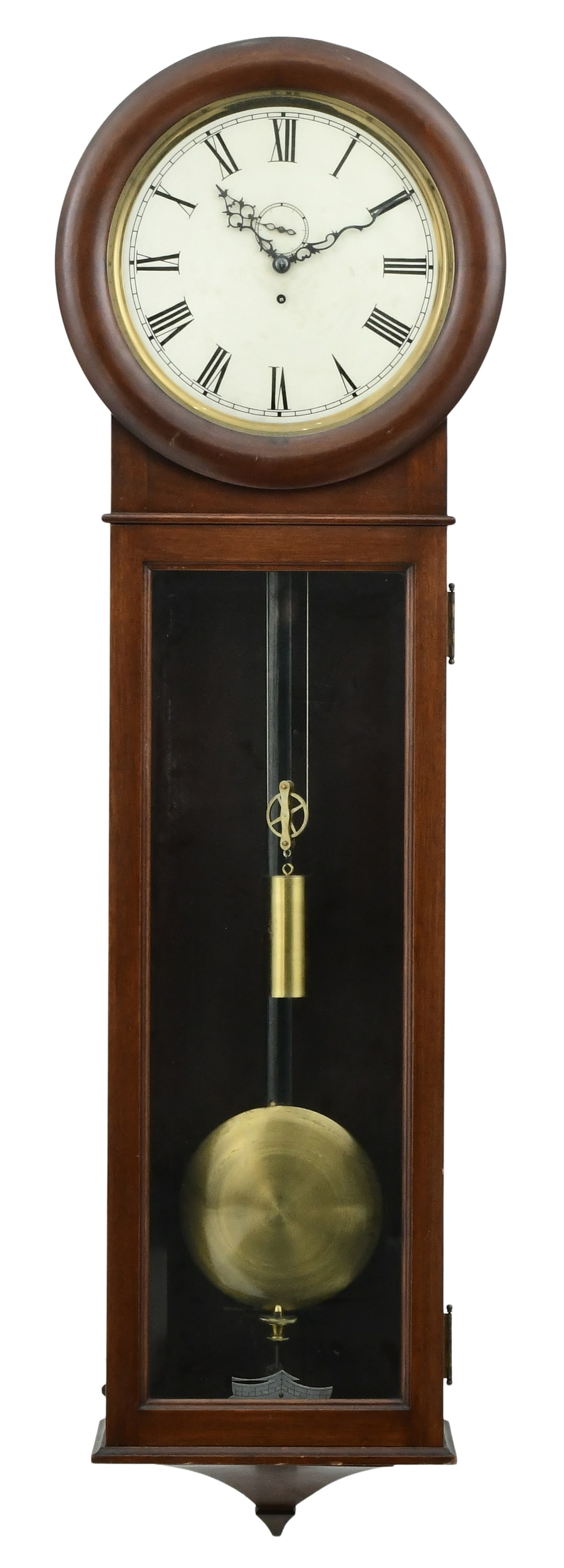 An Unusual Gustav Becker Wall Regulator Clock: An Unusual Gustav Becker Wall Regulator Clockcirca 1880'smahogany case with silvered dial, brass 8-day weight-driven time-only movement with deadbeat escapement and maintaining power, small cup on pen
