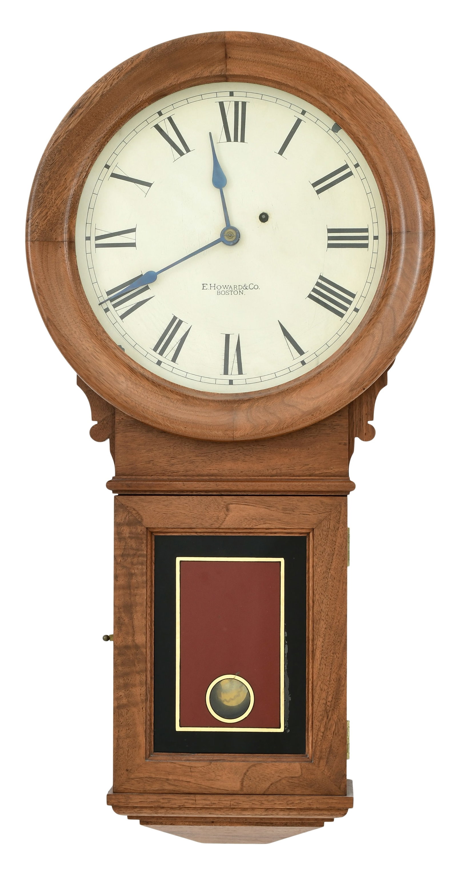 E. Howard & Co. "No. 70 Regulator" Wall Clock: E. Howard & Co. "No. 70 Regulator" Wall Clocklate 19th centurywalnut case with painted glass tablet, 8-day weight driven time only movement with recoil escapement, dial and movement marked &