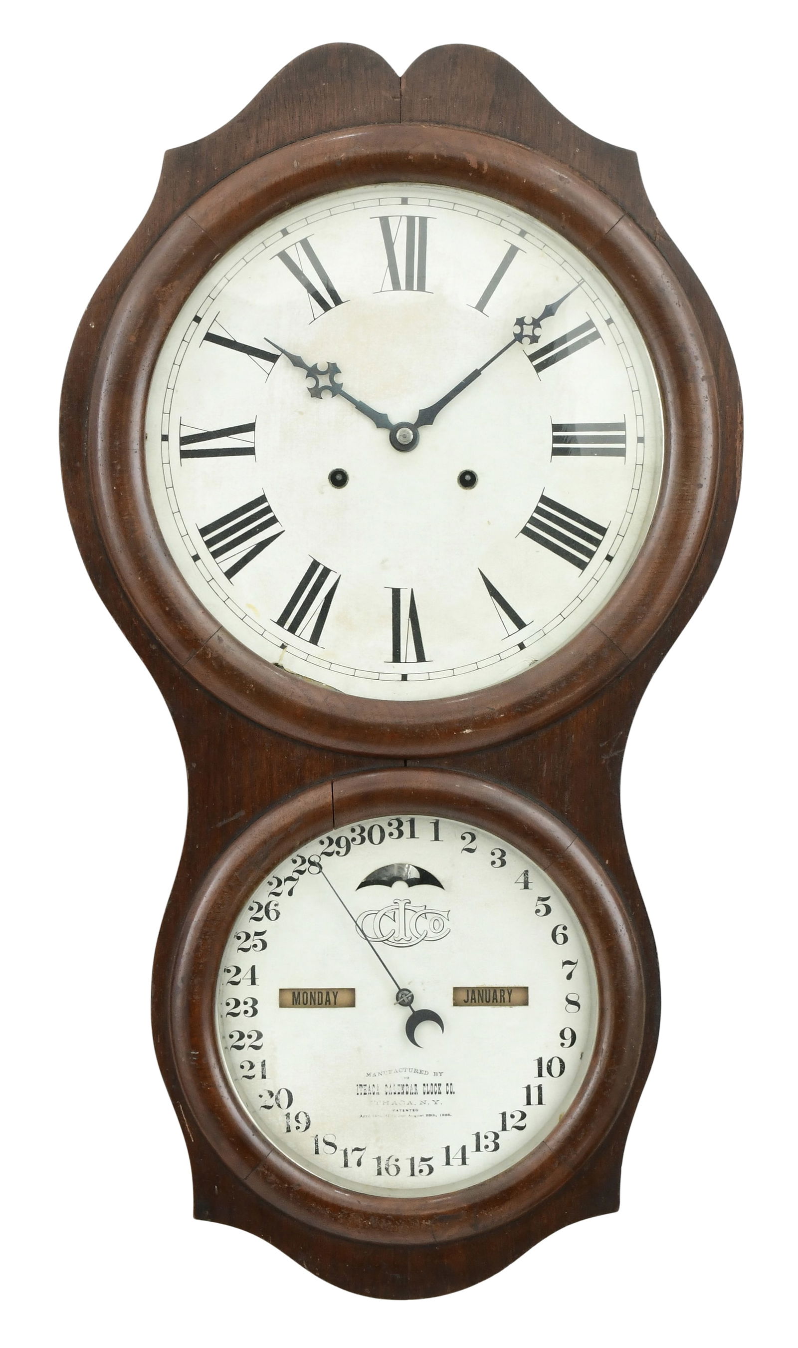 Ithaca Calendar Clock Co. "No. 4 Office Hanging" Wall Clock: Ithaca Calendar Clock Co. "No. 4 Office Hanging" Wall Clockcirca 1880walnut case with separate dials for time and calendar, 30-day time-only movement, signed on the lower dial and movement29