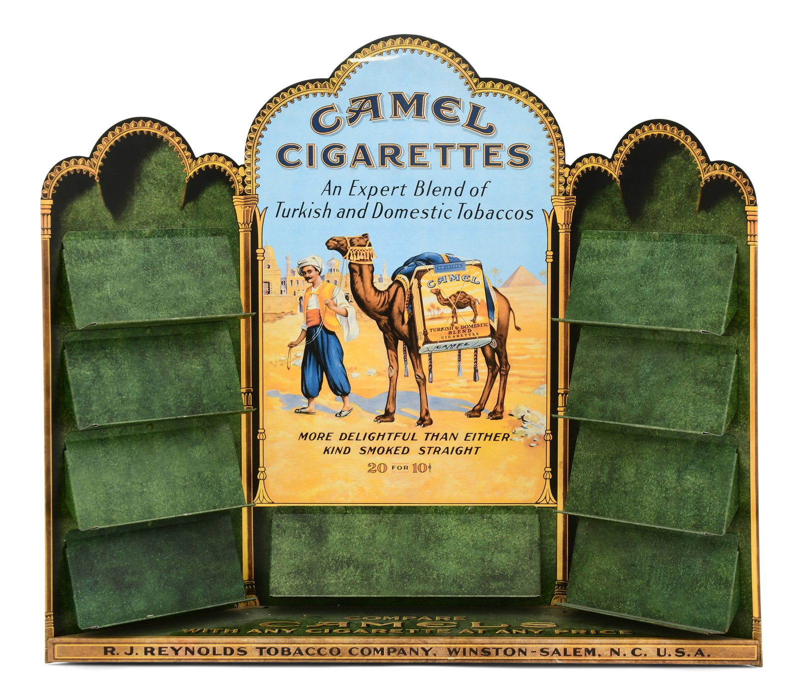 R.J. Reynolds Tobacco Co. Camel Cigarettes Tin Countertop Store Display: R.J. Reynolds Tobacco Co. Camel Cigarettes Tin Countertop Store Display early 20th century 18 x 20 1/2 x 4 inches Provenance: The Harold F. Wright Estate, McPherson, Kansas