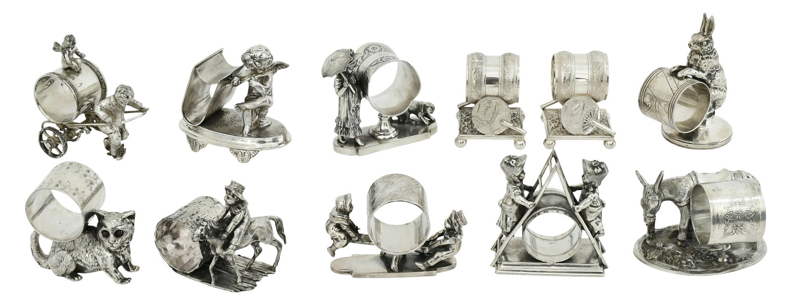 Lot of 11 American Silverplate Figural Napkin Rings: Lot of 11 American Silverplate Figural Napkin Ringslate 19th century3 3/4 x 4 1/4 x 2 inchesProvenance: Property from a Texas EstateOther Notes: Fontaine's Auction Gallery can arrange shipping for thi