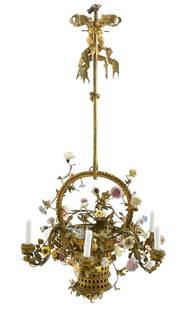 French Gilt Bronze & Porcelain Six-Light Chandelier: French Gilt Bronze & Porcelain Six-Light Chandelier circa 1900 modeled as a flower basket with porcelain flowers 44 x 22 inches