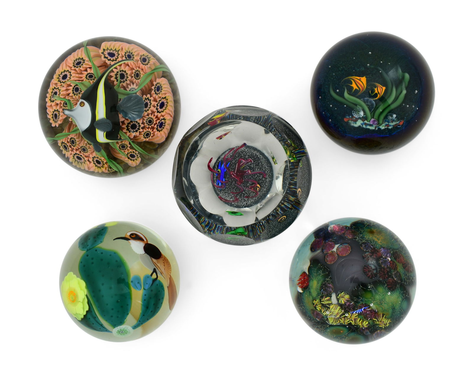 Five Art Glass Paperweights, Orient & Flume Bird with Flowering Cactus, Josh Simpson Underwater (1 of 13)