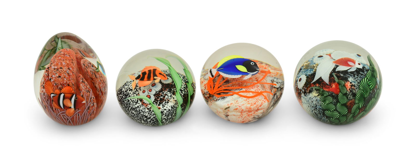 Four Orient & Flume Art Glass Paperweights, Orange Tang Fish, White Beta Fish, Clown Fish and Blue & (1 of 4)