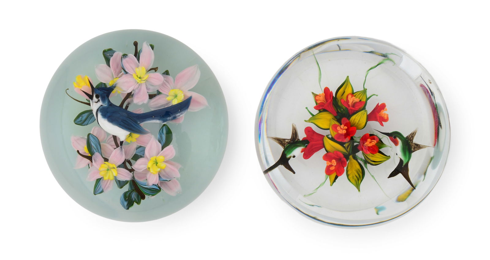 Rick Ayotte (American, b. 1944), "Blue Jay" and "Hummingbirds" Art Glass Paperweights (1 of 6)