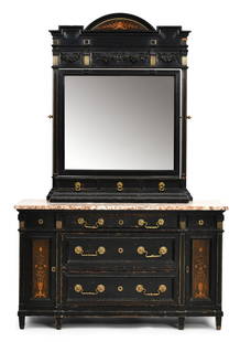 Attributed to Herter Brothers, Aesthetic Movement Dresser: Attributed to Herter Brothers(New York, 1864-1906)Aesthetic Movement Dressercirca 1880ebonized wood, marquetry and gilt metalunmarked73 x 48 x 20 1/2 inchesThe mirrored top with ribbon marquetry a