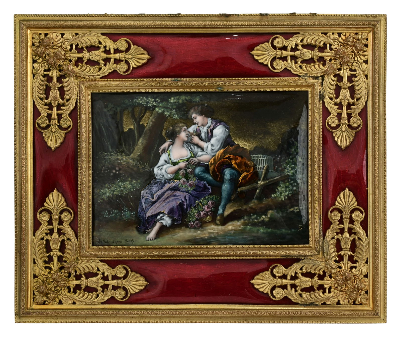 French Enameled Copper Plaque of a Man & Woman in a Garden (1 of 6)