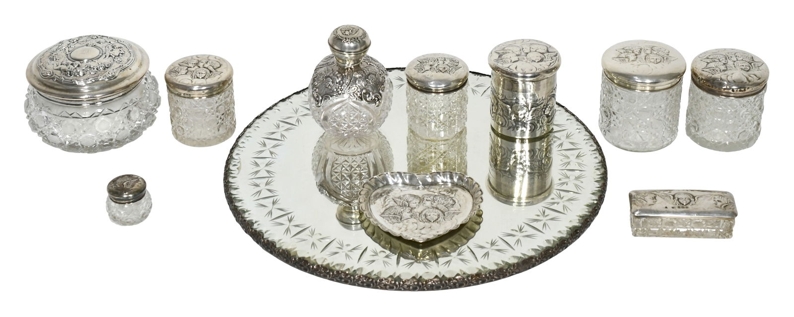 Art Nouveau "Reynolds Angels" Sterling Silver & Cut Glass Eleven-Piece Dresser Set (1 of 6)