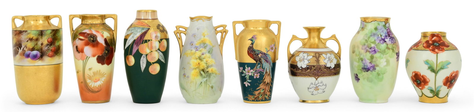 Lot of Eight French & Bavarian Hand-Painted Porcelain Vases: Lot of Eight French & Bavarian Hand-Painted Porcelain Vases Lot of Eight French & Bavarian Hand-Painted Porcelain Vases circa 1900 each marked to the underside 7 in. high (largest) Provenance: The Ant