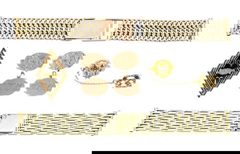 Two Watch Bands, Two Pins & Pair of Cufflinks: Two Watch Bands, Two Pins & Pair of Cufflinks• 14K yellow gold watch band, 6 inches (length)• 10K rose gold watch band, 6 inches (length)• 10K yellow gold double frat pin, 2 inches (