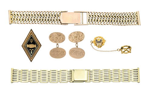 Two Watch Bands, Two Pins & Pair of Cufflinks: Two Watch Bands, Two Pins & Pair of Cufflinks• 14K yellow gold watch band, 6 inches (length)• 10K rose gold watch band, 6 inches (length)• 10K yellow gold double frat pin, 2 inches (