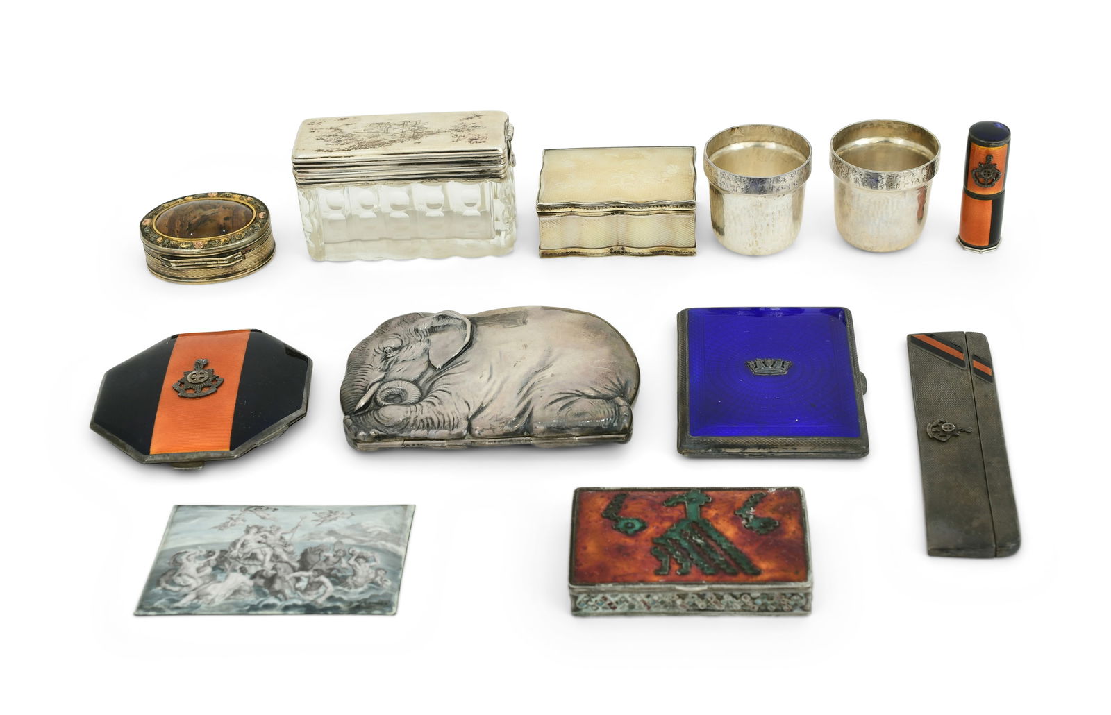 Lot of 12 Sterling Silver, Enamel, Agate & Mother-of-Pearl Pieces: Lot of 12 Sterling Silver, Enamel, Agate & Mother-of-Pearl Pieces19th/20th century1) English sterling silver and agate pill box, stamped with hallmarks; 2) Russian silver and cut glass box, marked &qu