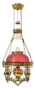 Victorian Brass & Cranberry Opalescent Hobnail Glass Hanging Library Lamp: Victorian Brass & Cranberry Opalescent Hobnail Glass Hanging Library Lamp19th century46 1/2 x 18 1/2 inchesProvenance: Property from a Pittsburgh, Pennsylvania Estate