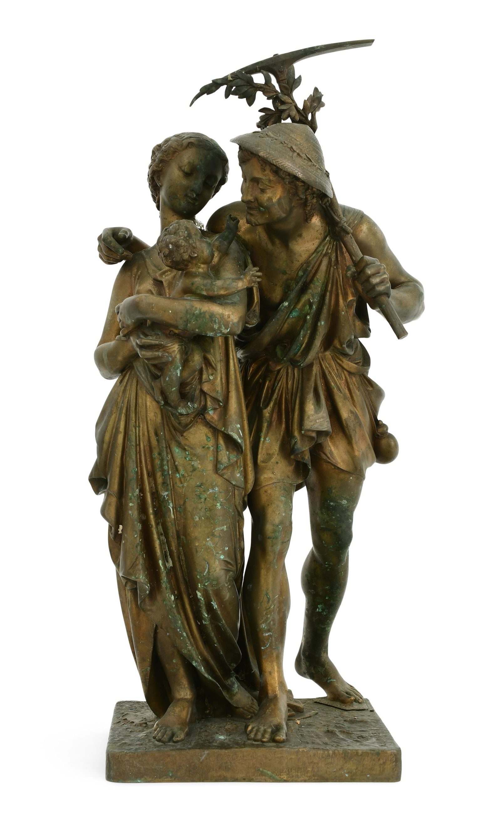 Étienne Henri Dumaige (French, 1830-1888), Sculpture of a Man, Woman & Child: Étienne Henri Dumaige (French, 1830-1888) Sculpture of a Man, Woman & Child gilt bronze signed "H. Dumaige" 22 1/2 x 10 1/2 x 9 inches Other Notes: Fontaine's Auction Gallery can arrange shipping for
