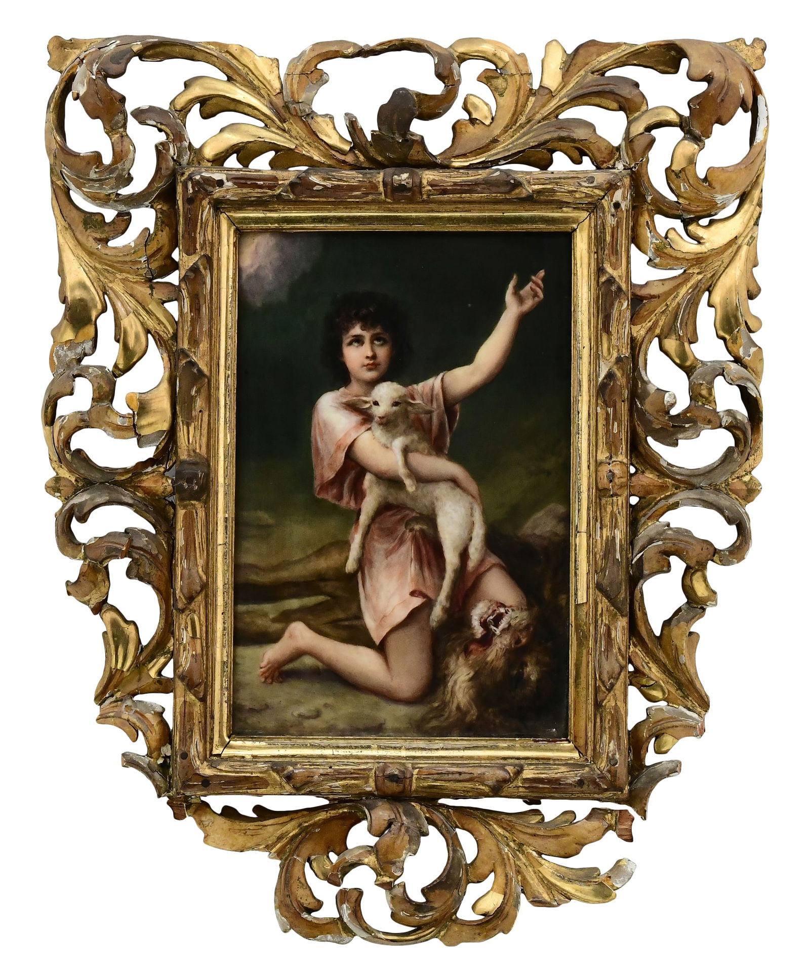 Berlin (K.P.M.) Porcelain Plaque of a Woman with a Sheep & Lion, "Die Liebe": Berlin (K.P.M.) Porcelain Plaque of a Woman with a Sheep & Lion, "Die Liebe"late 19th centurymarked "K.P.M. / (scepter mark) / Die Liebe / (blue beehive)"8 1/2 x 5 3/4 inches (sigh